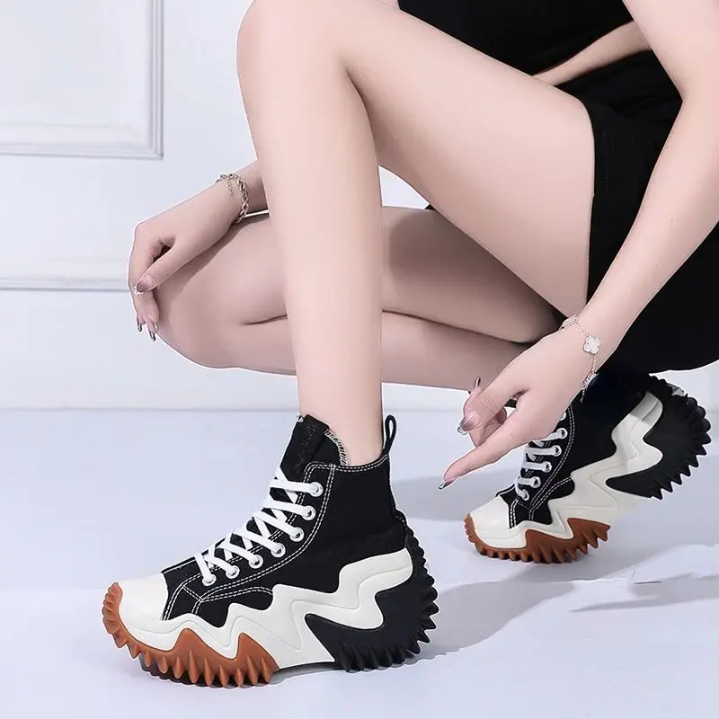 여성용 캔버스 가황 운동화, 플랫폼 운동화, 레이스업 플랫폼 스니커즈, 두꺼운 바닥 부츠, 테니스 여성