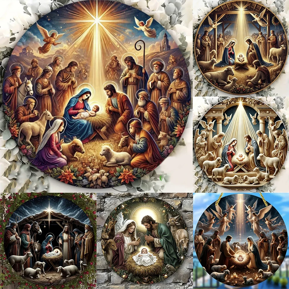 2D Holy Scene Guard Jesus Birth Acrylic Window Hanging Wreath Round Wooden Sign Window Church Front Door Porch Wall Home Decor
