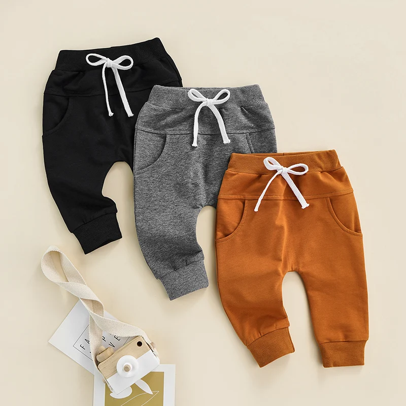 Toddler Baby Boys Girls Trousers Newborn Elastic Waist Adjustable Drawstring Solid Color Casual Loose Fit Long Pants For 0-3Yrs 1