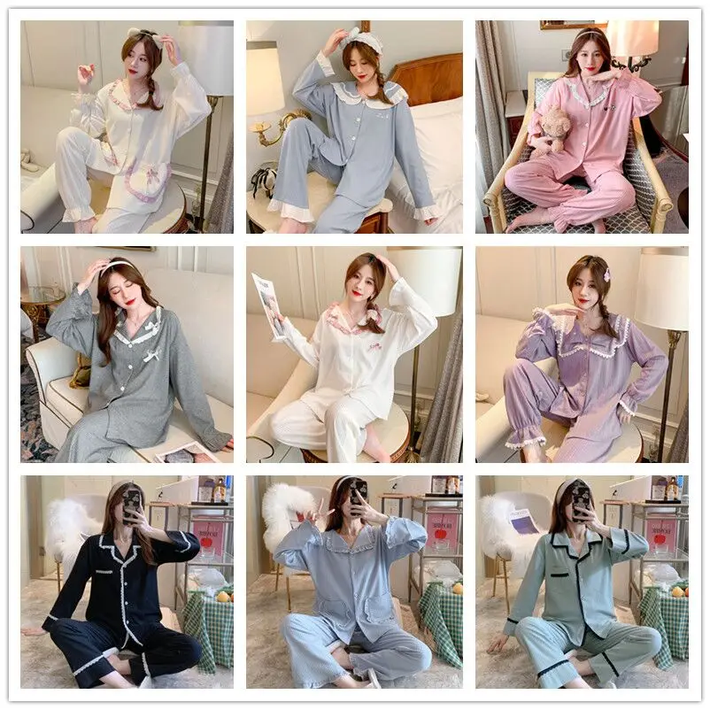 Spring and autumn knitted cotton pajamas women's striped lace cardigan small lapel long-sleeved pajamas women's homewear suit
