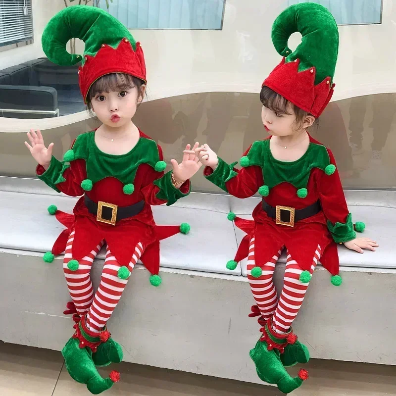

2023 Fancy New Year Green Santa Claus Suit Elf Costume For Kids Girl Set with Hat Children Christmas Party Dress Set Performance