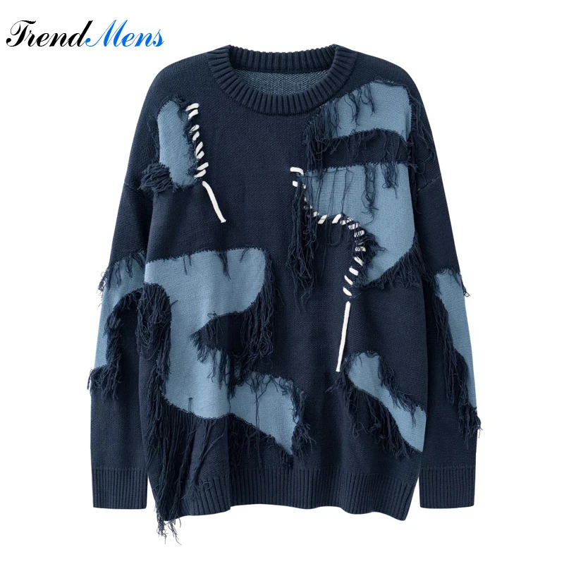 

Свитер мужской вязаный с кисточками и шнурком, повседневный модный Свободный пуловер в американском стиле, винтажный стиль Харадзюку для пар