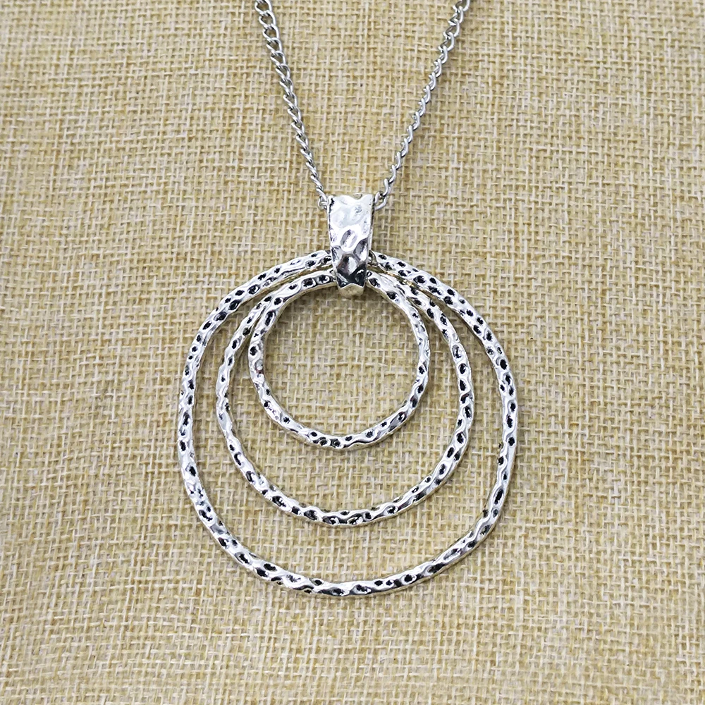 

Tibetan Silver Boho Large Round Hammered 3 Circles Charms Pendants Necklace on Long Chain Lagenlook for Jewelry Women Men Gift