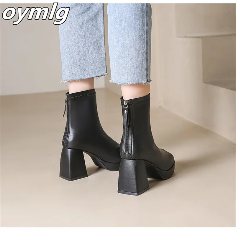 New High Heel Boots Women's Autumn Back Zipper Women's Waterproof Platform Leather Top High Heel Boots Women's