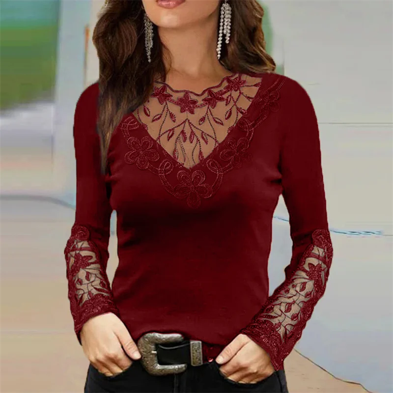 Sexy Lace Deep V Neck Long Sleeve T-shirt Female Fashion Solid Color Slim Fit Tees Women's Clothing Spring Autumn Casual Tops 23