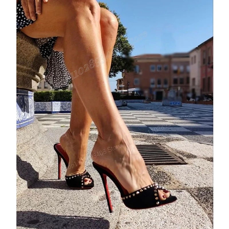 

Black Suede Round Rivet Decor Women Slippers 12cm Peep Toe Stiletto High Heel Slip-on Women Shoes 2023 Sexy Zapatos Para Mujere