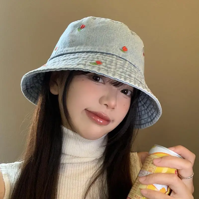 

Korean Version Cherry Embroidered Denim Bucket Hat Women's Summer Versatile Big Head Sunshade Sunscreen Trend Casual Sun Cap