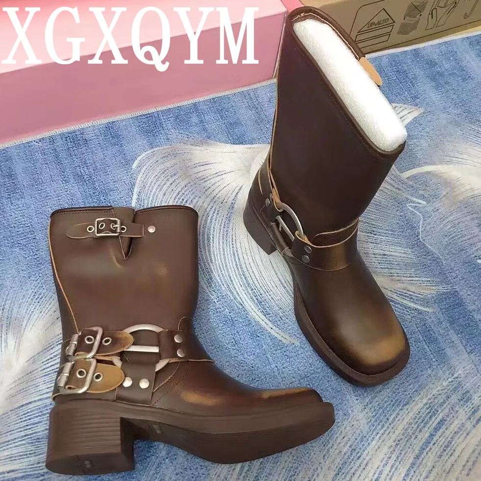 

Женские ковбойские сапоги до колена, коричневые сапоги в западном стиле с металлической пряжкой и круглым носком, в стиле ретро, 2023