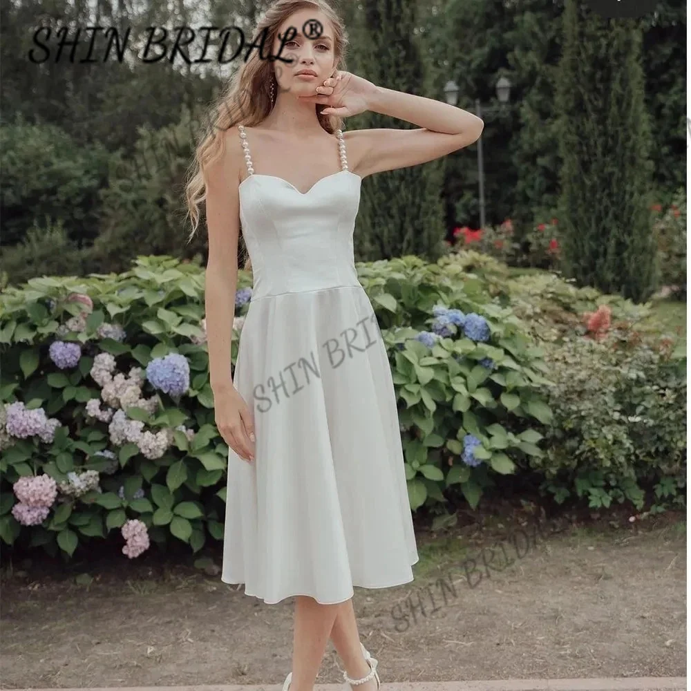 

Simple A Line Short Wedding Dress Sweetheart Spaghetti With Pearl Bridal Gowns Open Back Lace Up Chiffon Knee Length Custom Made