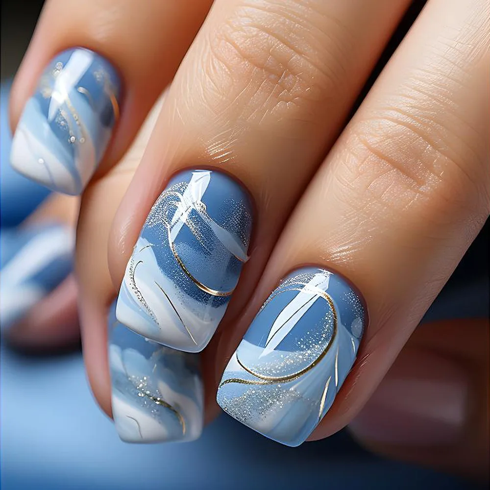 24pcs Short Square False Nails Glitter Flower Wave French Fake Nails Manicure Full Cover Detachable Nail Tips Press on Nails