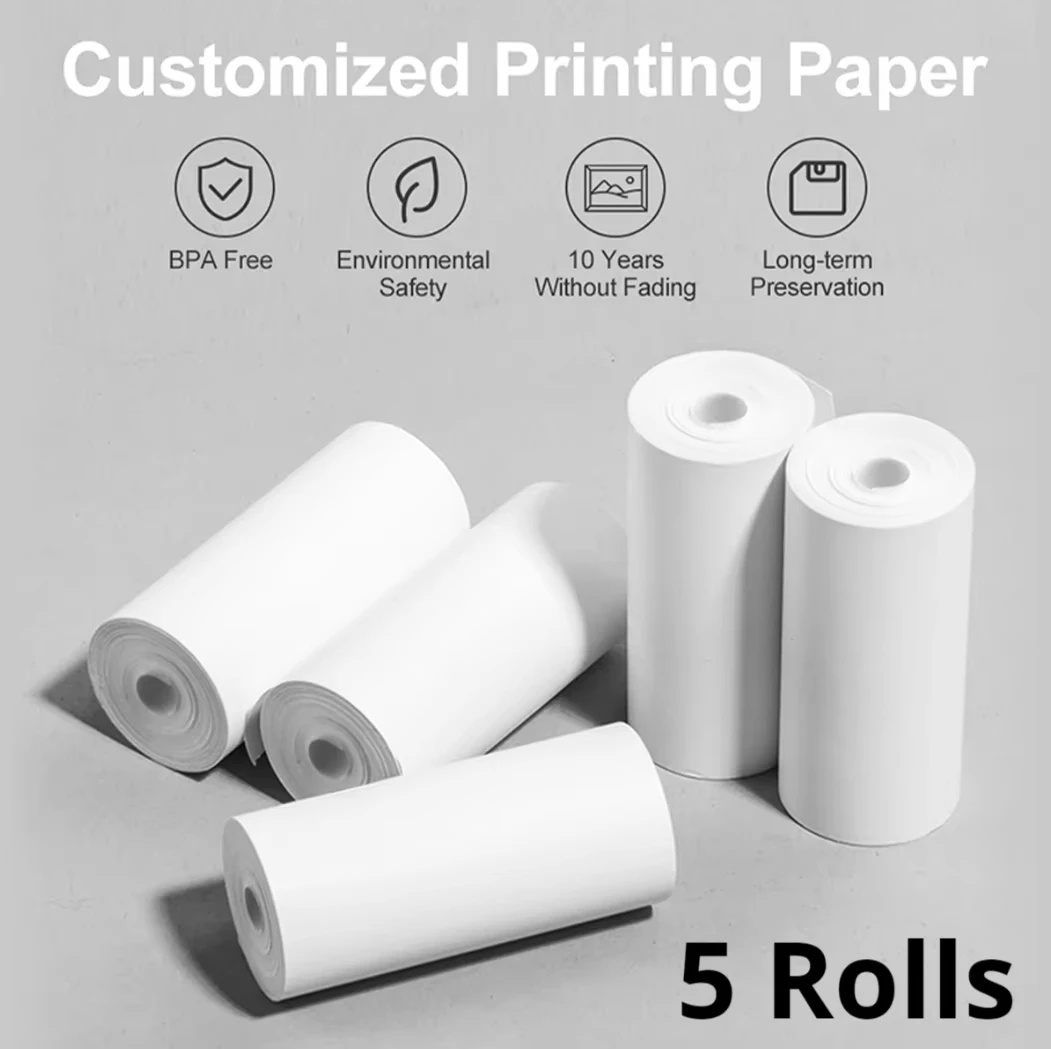 5롤 비접착식 흰색 감열지 57x25mm BPA 프리 친환경 안전 어린이 휴대용 프린터 즉석 카메라 라벨 등
