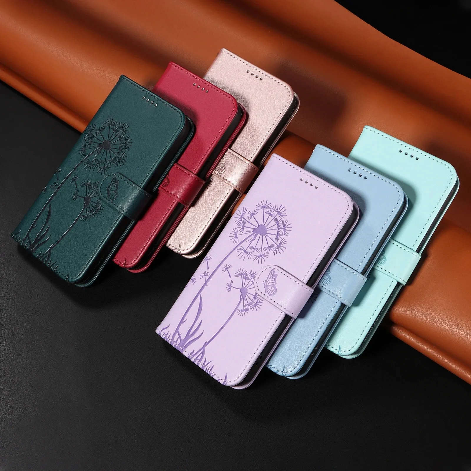 Dandelion Embossed Leather Wallet Flip Case