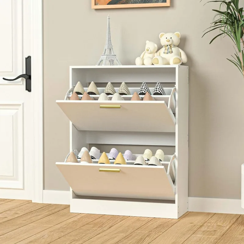 

Shoe Cabinet with 2 Flip Drawers, Narrow Hidden Shoe Storage Cabinet for Entryway Slim, Black Shoe Cabinet Freestanding