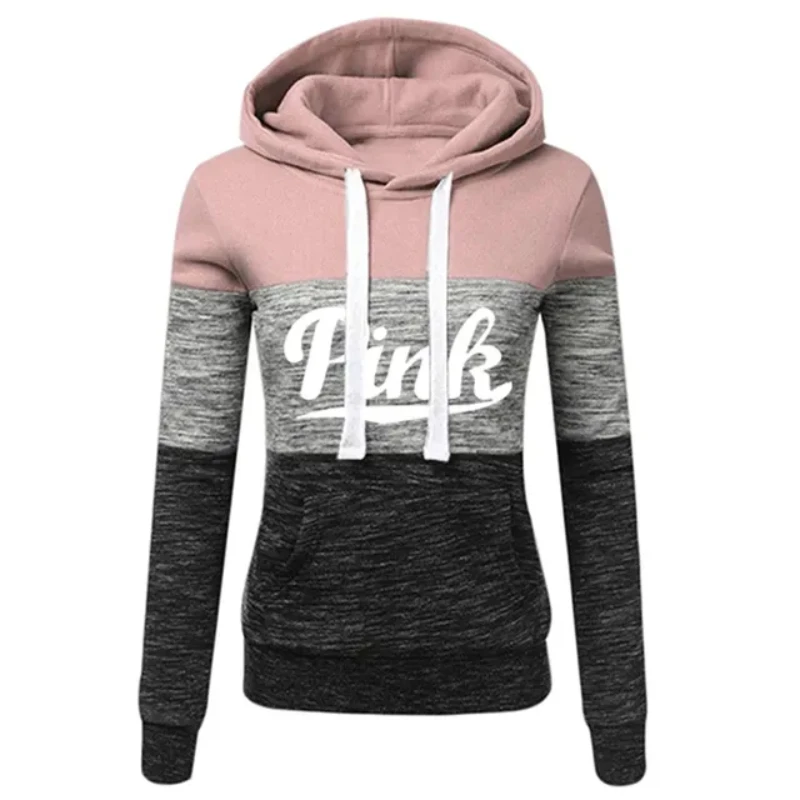 Pink Letter Print Womens Tracksuit Tri Color Splicing Hooded Sweatshirts Fashion Trend Pullover Street Warm Casual Clothing 5