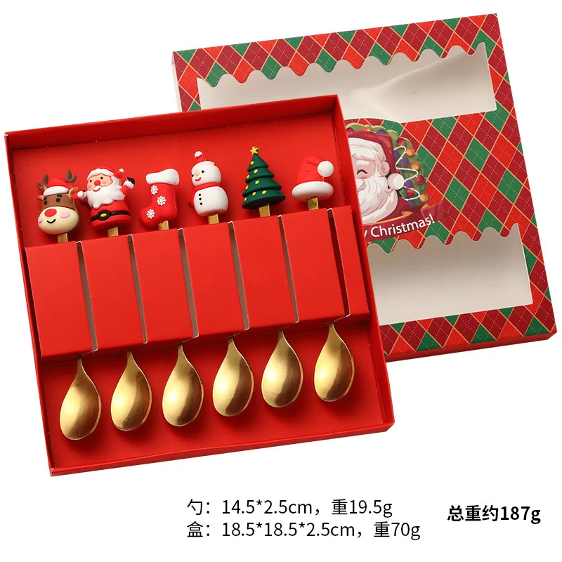 Leeseph Christmas Coffee Spoons Forks Set 6Pcs Stainless Steel Spoon Forks Christmas Gifts for Kids Red Green Gift Box Set stainless steel spoon cutlery set