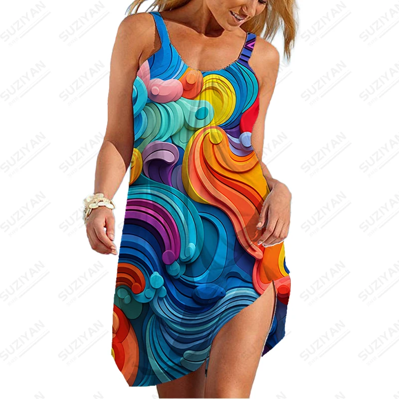 

2023 Summer High -quality Dress Fashion 3D Printing Dress Loose Leisure Dress Female Simple Soft Spaghetti Strap Dress