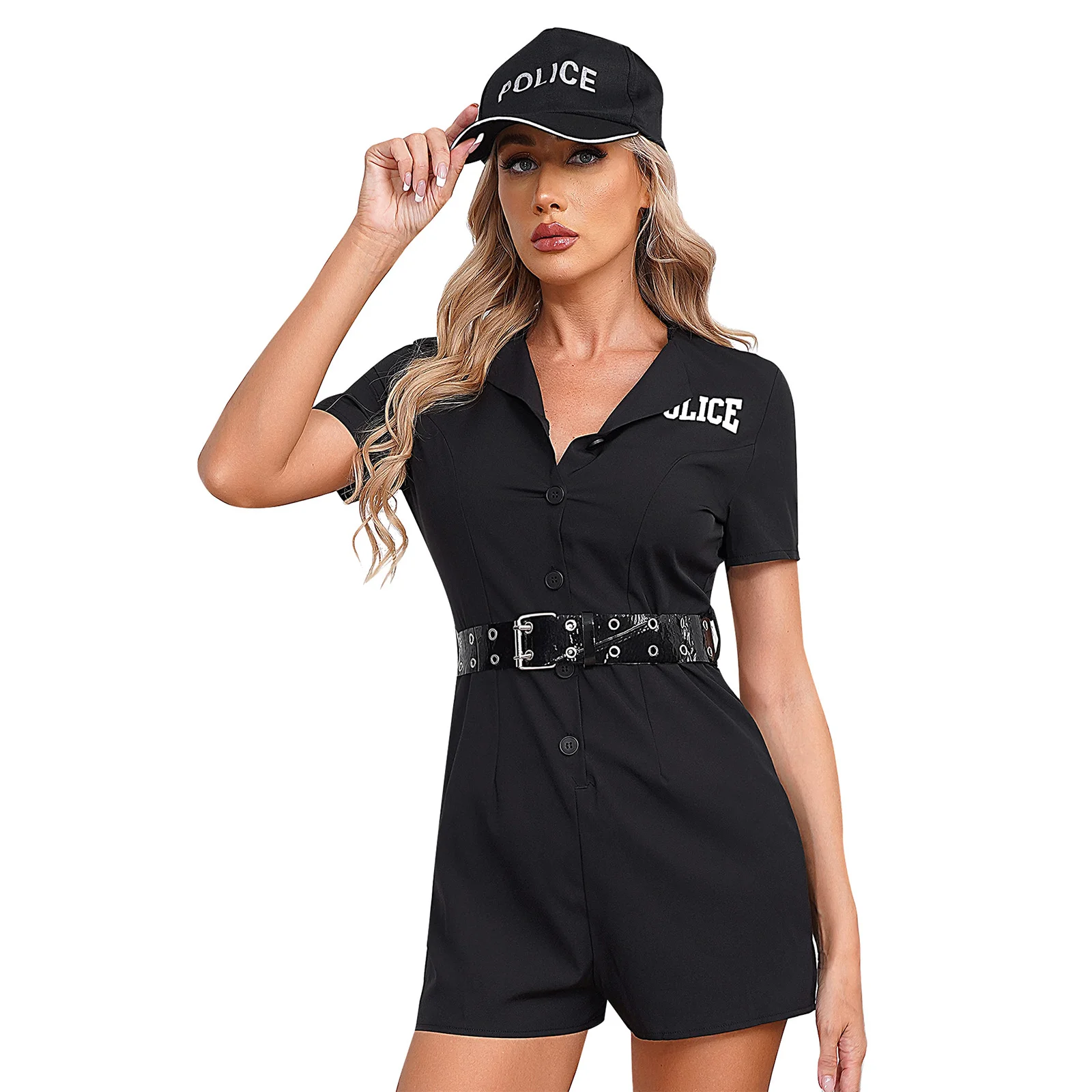 

3PCS Womens Bodysuit Policewoman Cosplay Costumes Short Sleeve Letter Print Rompers Metal Eyelet Belt And Cap Uniform Temptation