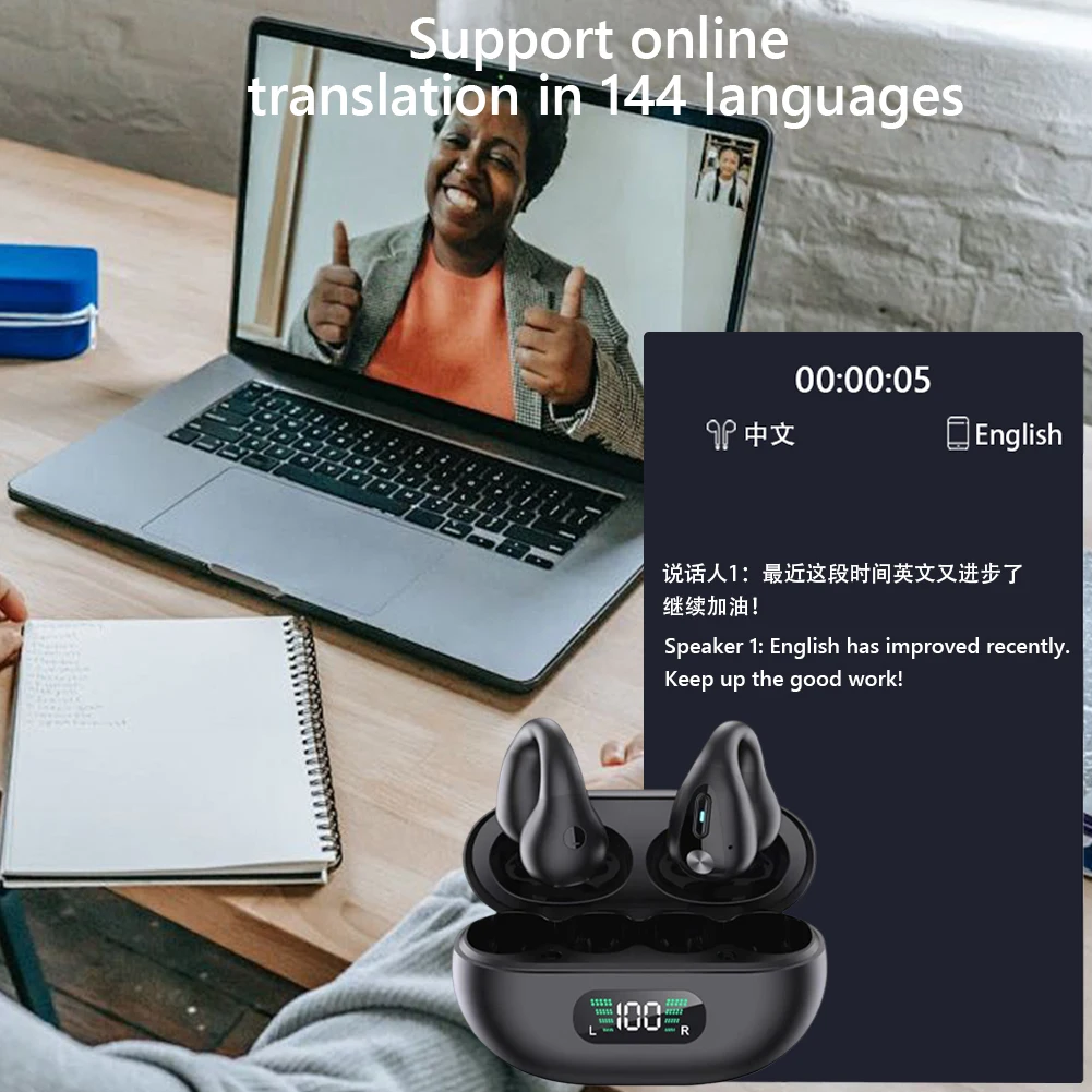 144 Languages Translator Earbuds Bone Conduction Smart AI Language Translator Device Noise Cancelling Earbuds with LED Display translator earbuds language translator