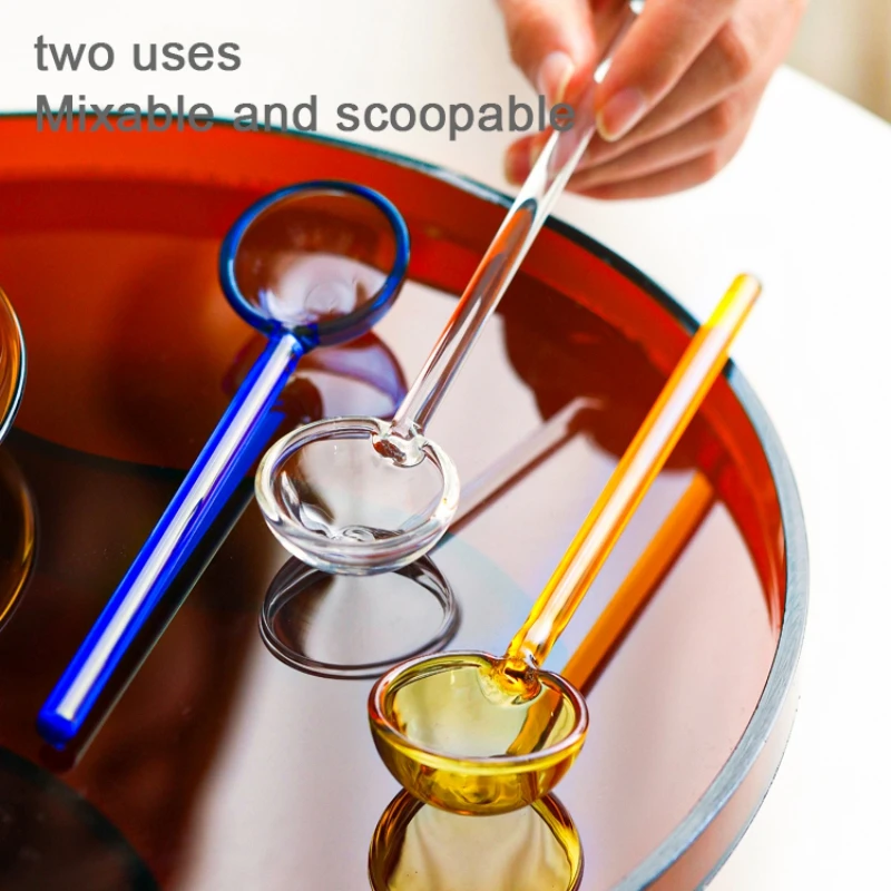 1pc Creative Glass Milk Spoon Colored Transparent Coffee Dessert Stirring Spoon Long Handle Kitchen Tableware Stirrer Rod