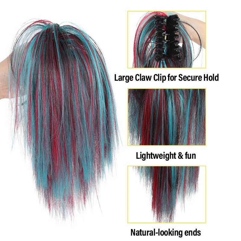 합성섬유 하이 포니테일과 큰 집게핀 ? 생동감 넘치는 레드 & 블루 옴브레, 즉각적인 볼륨과 엣지 스타일을 위한 간편한 클립온