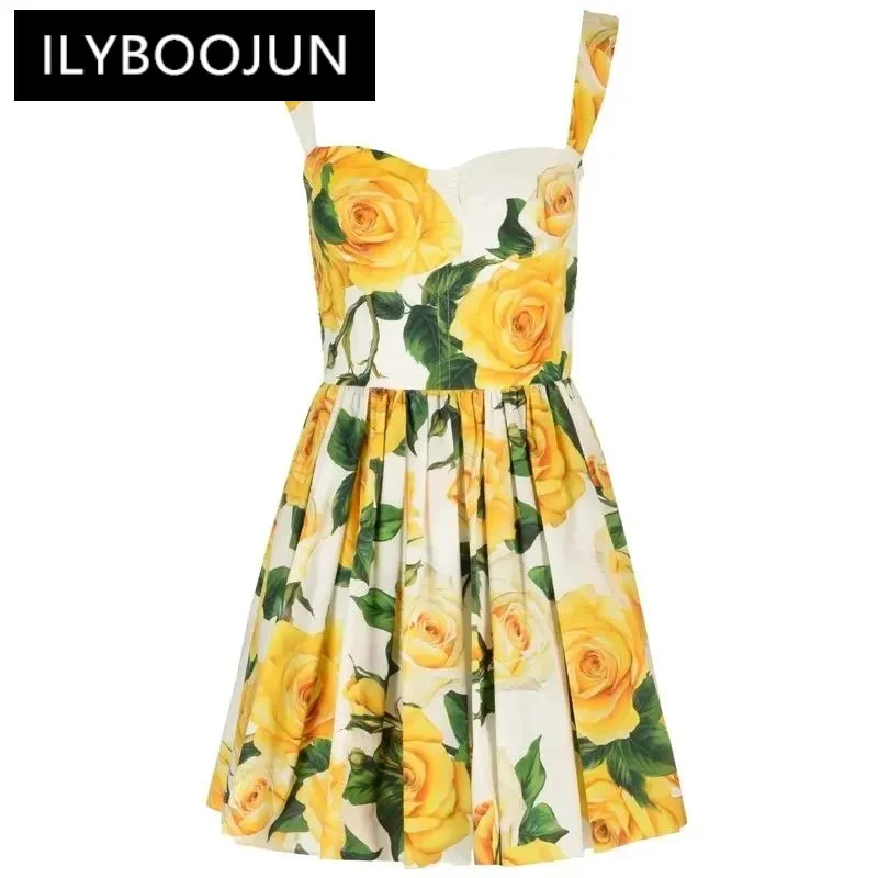 

ILYBOOJUN Fashion Women's New Poplin Spaghetti Strap Yellow Rose Printed Square-Neck Corset High-Waisted Beach Style Dress