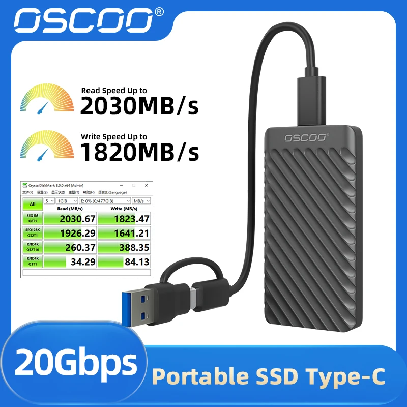 OSCOO 20Gbps USB3.2 Gen2*2 타입 C 휴대용 외장 SSD 고속 미니 SSD 노트북 및 데스크탑용 포터블 SSD