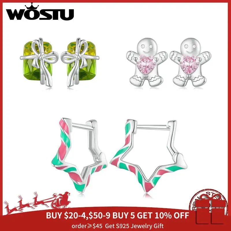 

WOSTU 925 Sterling Silver Merry Xmas Gift Rainbow Star Earrings Crystal Gift Box Studs Christmas Pink Gingerbread Man Earring