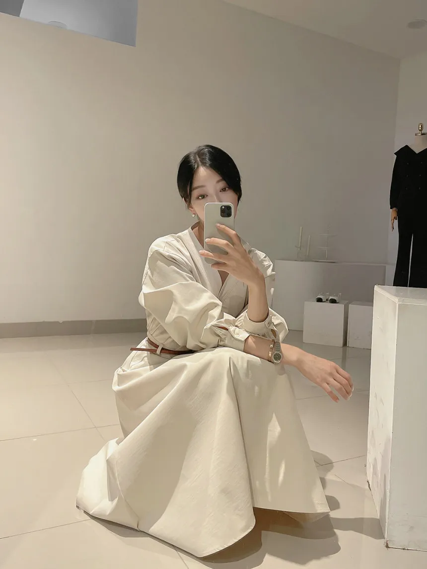 Korean Fashion V-neck Midi Dresses for Women with Belt Long Sleeve A-line Office Lady Autumn New Elegant Solid Female Clothing