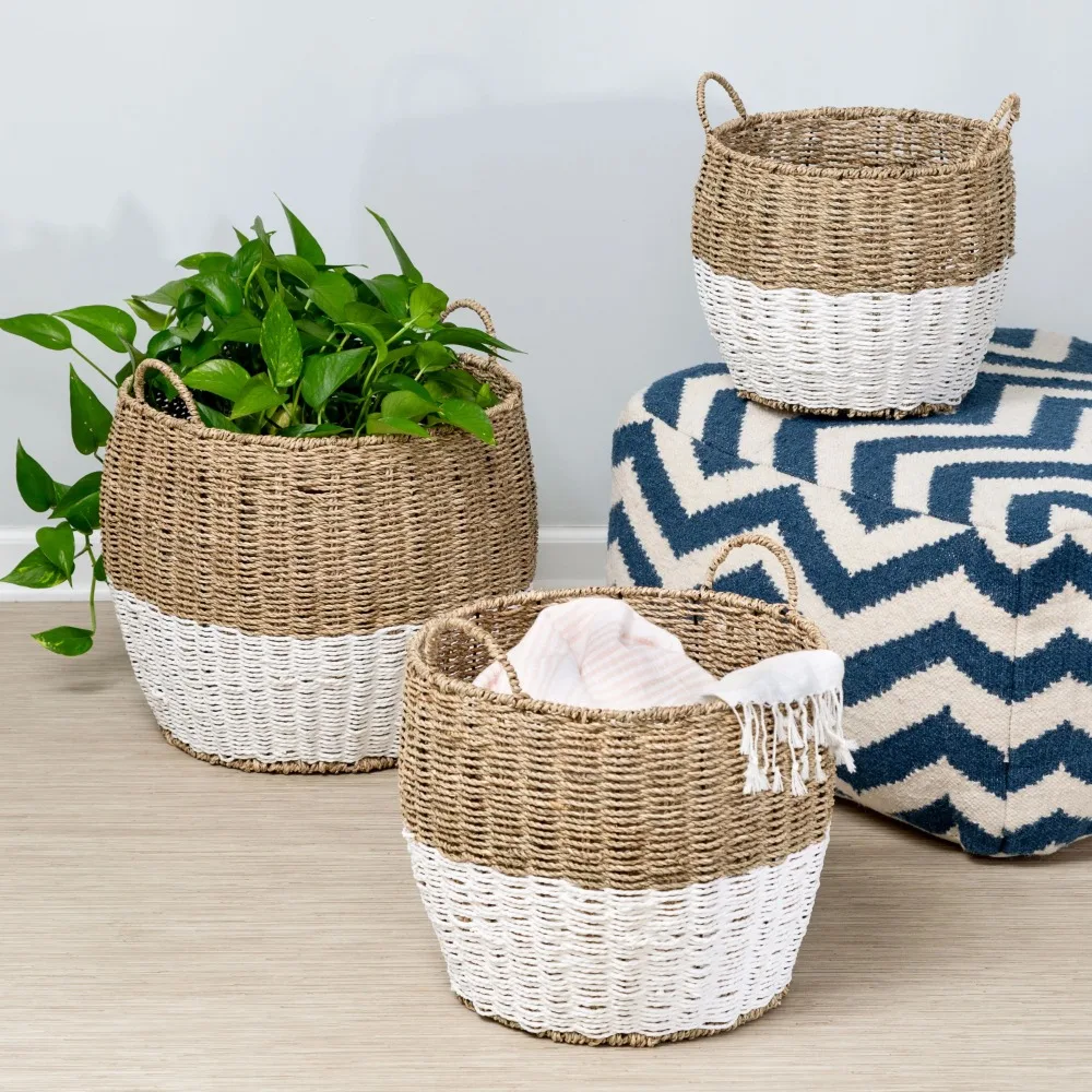 

Wicker Set of 3 Round Nesting Baskets with Handles Natural/White Laundry Basket Kitchen Organizer Woven Basket Clothing Storage