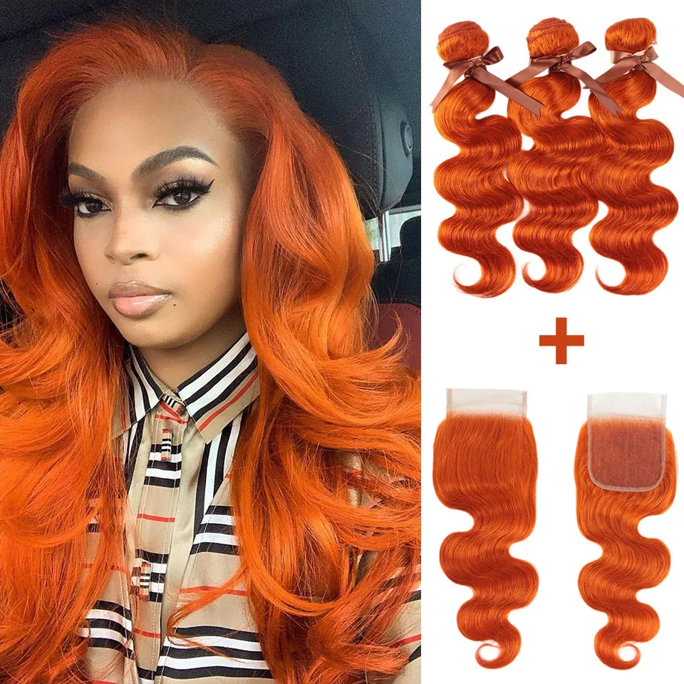 

Sleek Bundles With Closure Orange Colored Brazilain Hair Bundles With Closure 3 PCS Body Wave Human Human Hair Extensions