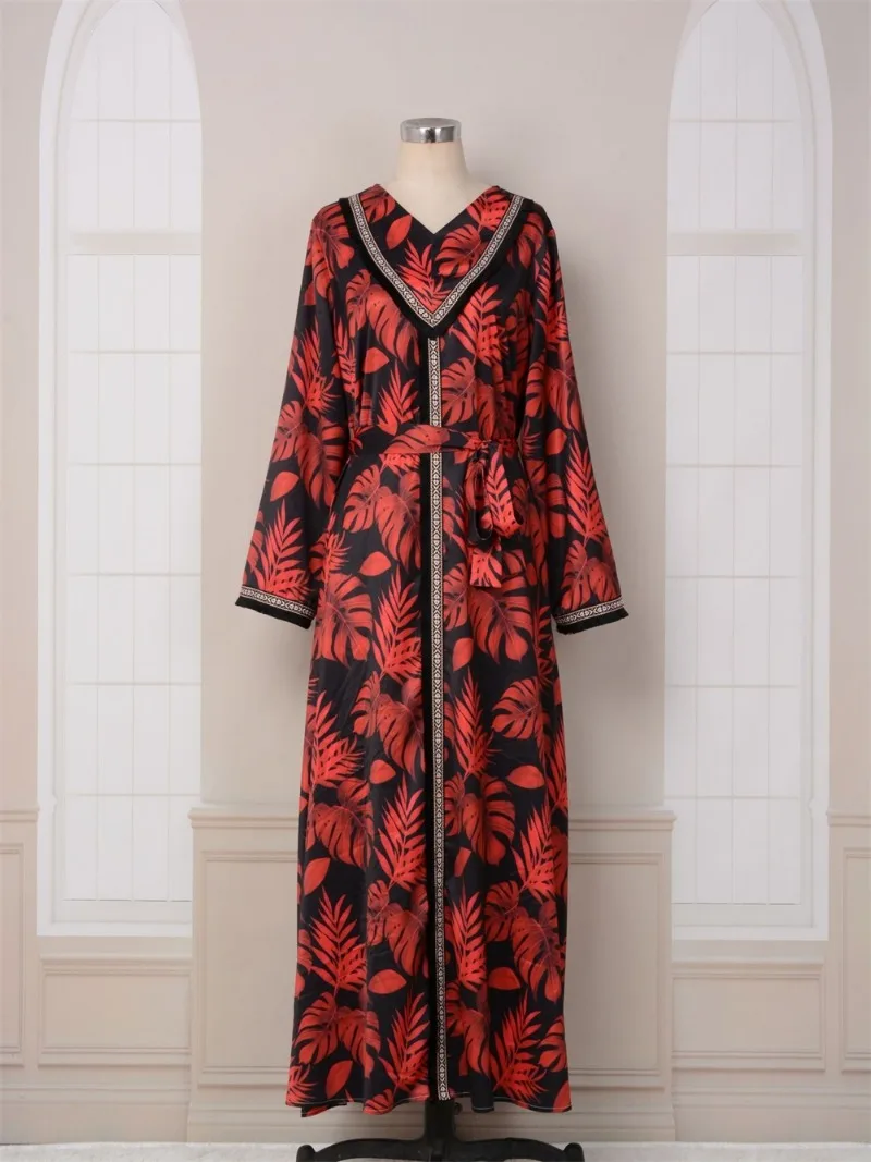 Fashion Long Dresses Muslim Abayas For Women Full Sleeve V-Neck Belted Clothing Turkey Robe Moroccan Caftan Female