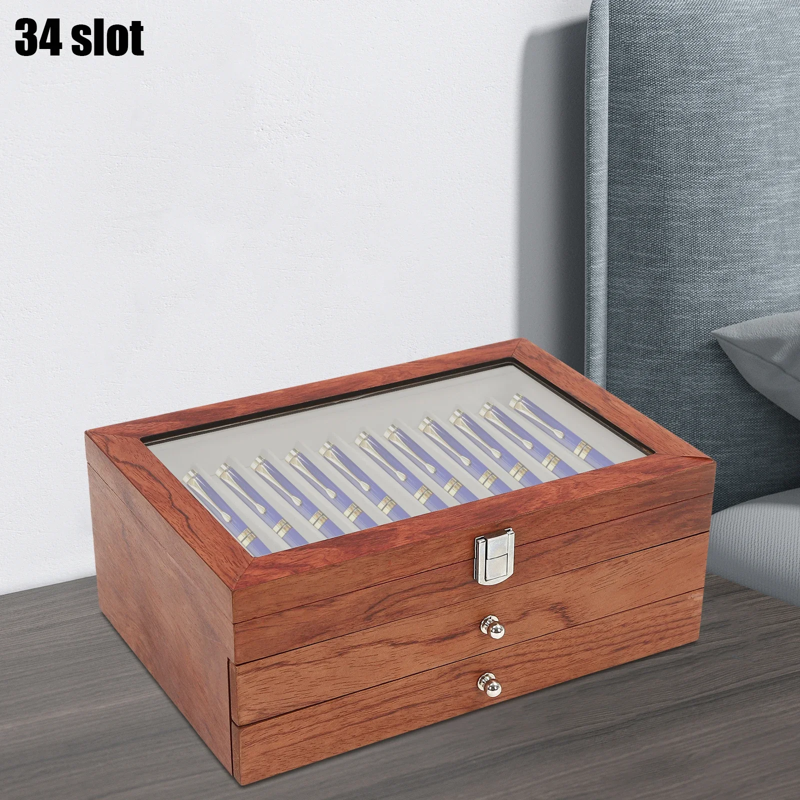 Stiftbox Kollektionsbox aus Holz für Stifte Kugelschreiber 34 Fächer Stiftbox Füllfederhalter-Schrank Vitrine Füllfederhalter-Aufbewahrung – Detail 4