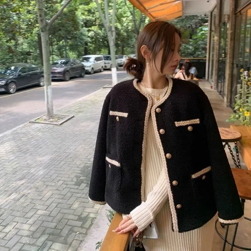 QWEEK Red Women's Winter Jacket Korean Fashion Tweed Jackets Lamb Wool Coats Vintage Harajuku Long Sleeve Female Outwear Elegant