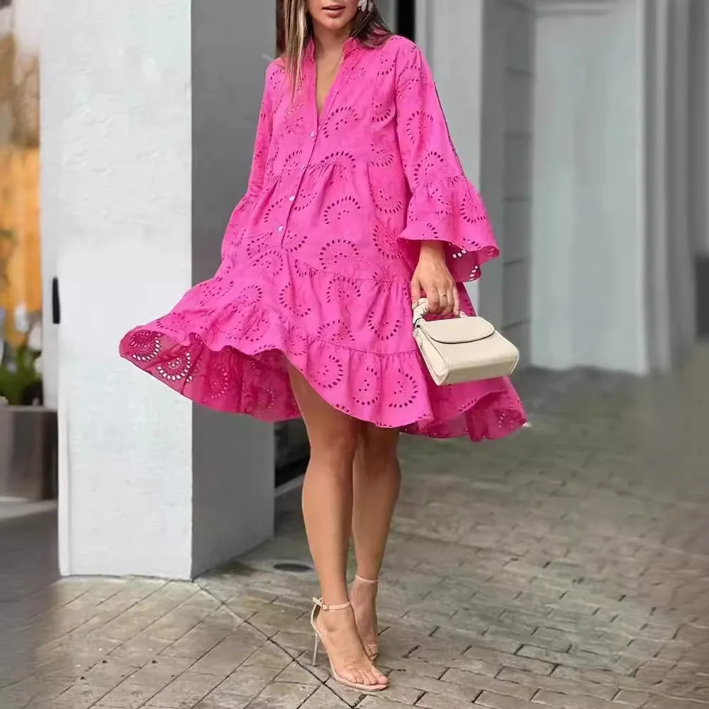Hollow Out Dresses for Women Summer Autumn Elegant Vintage Solid Lace Dress  V-neck Loose Embroidery Vestidos Beach Mini Dresses - AliExpress 200000345