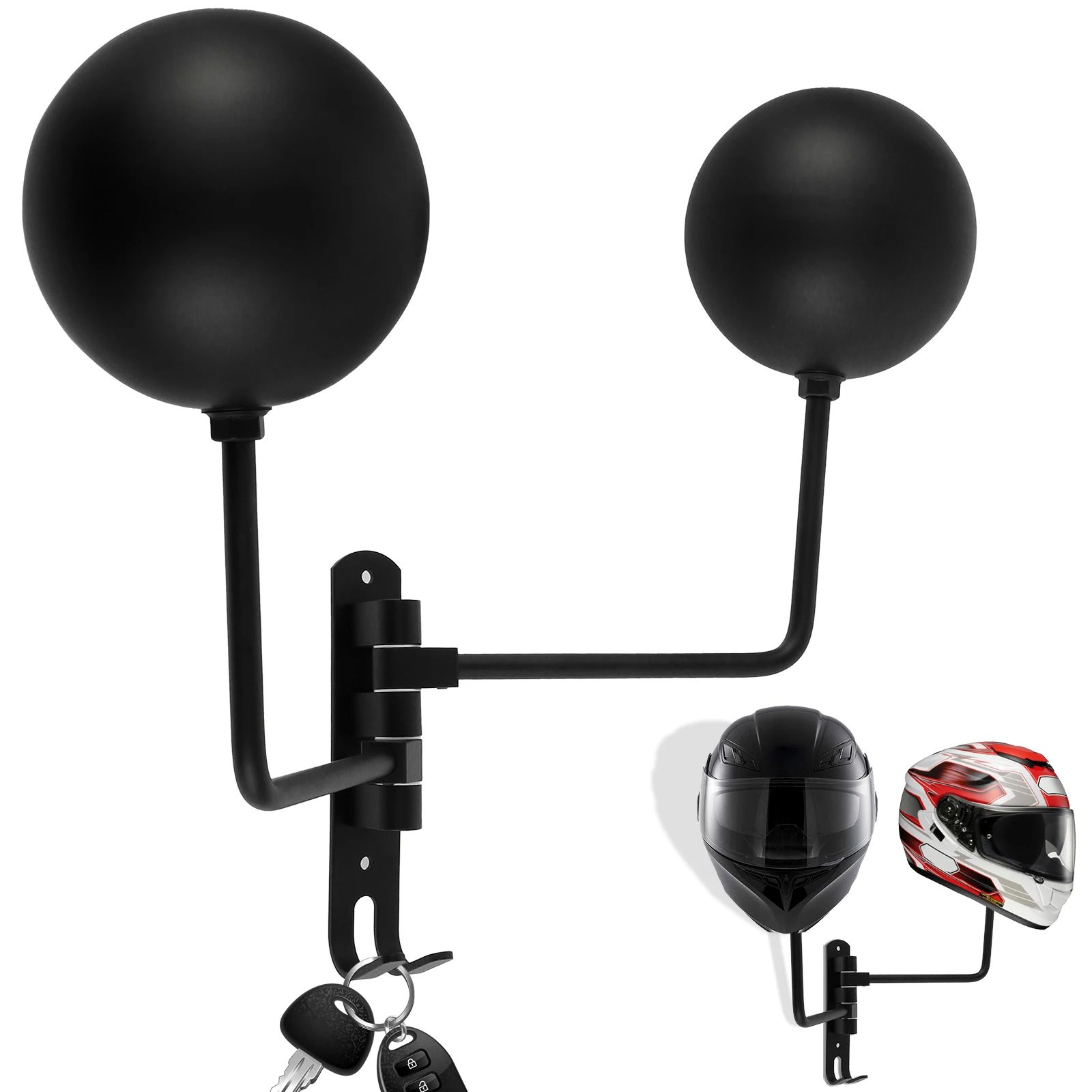 1/2Set Dual-Ball Motorcycle Helmet Holder Metal Helmet Stand Rack with Hook Wall Mount 180&deg; Rotation Storage Hanger for Helmets