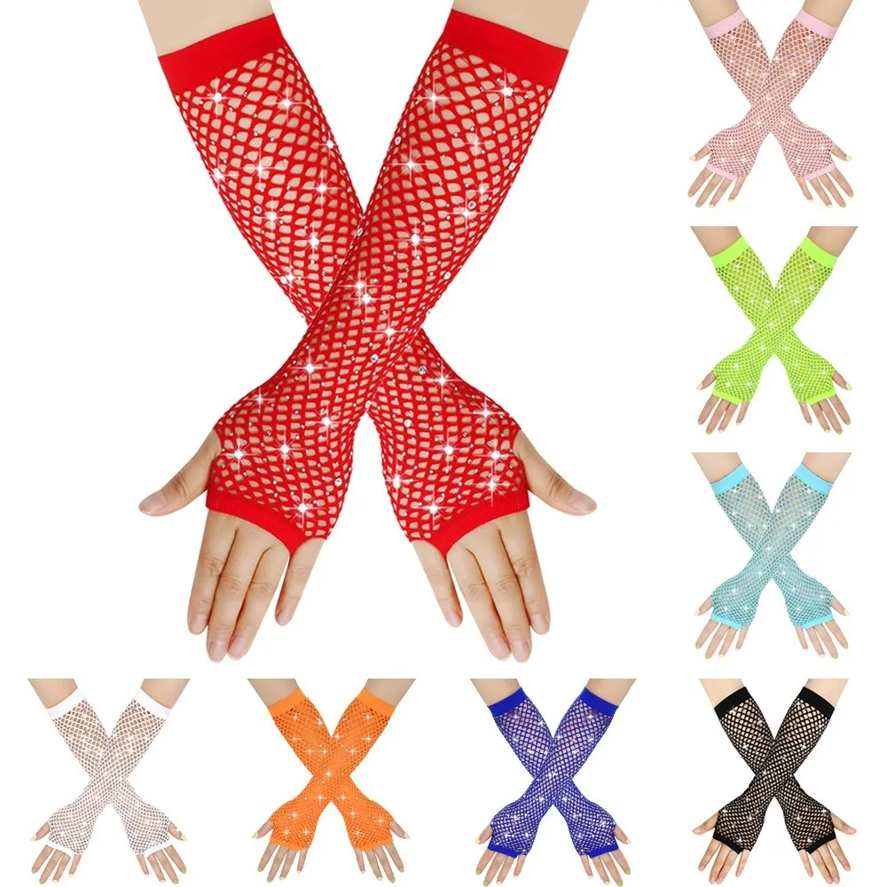 Fingerless Fishnet Gloves Highly Elastic Rhinestone Wedding Bridal Gloves Sexy Punk Goth Ladies Disco Evening Prom Decor Party fingerless gloves bridal gloves