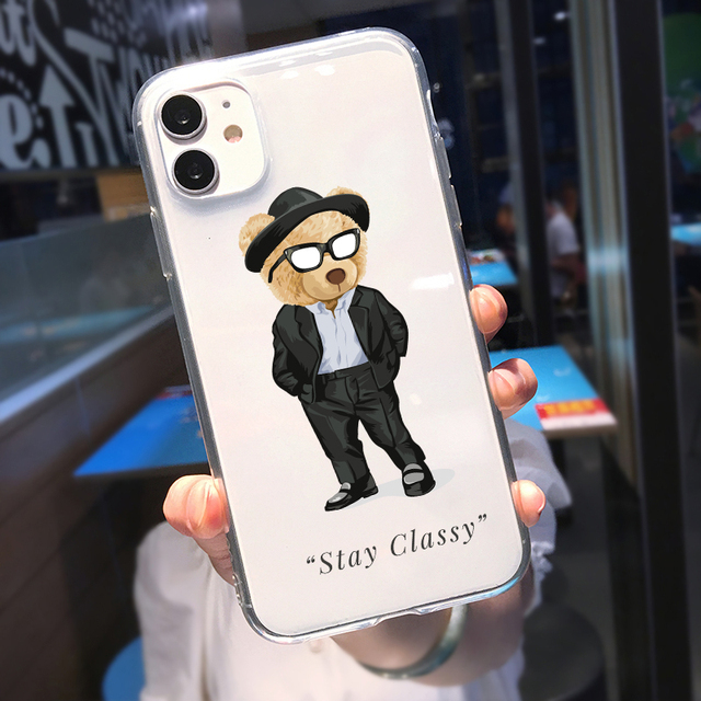 Brand Bear Phone Case For iPhone 12 Pro MAX 11 XR XS 7 13 X 8 6 Plus Cute Transparent Soft Silicone Cover Trend Fundas