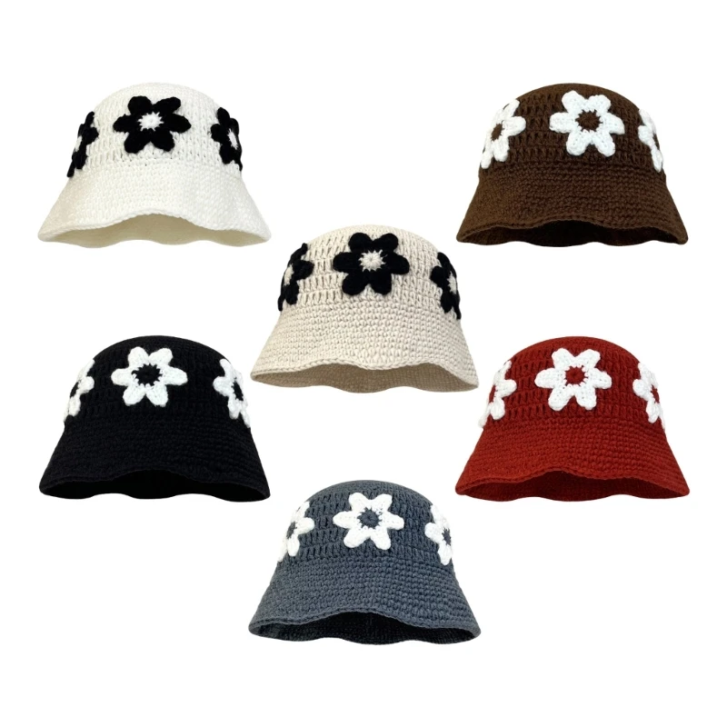 

Adult Crochet Flower Bucket Hat Foldable Wide Brim Fisherman Hat Breathable Hat