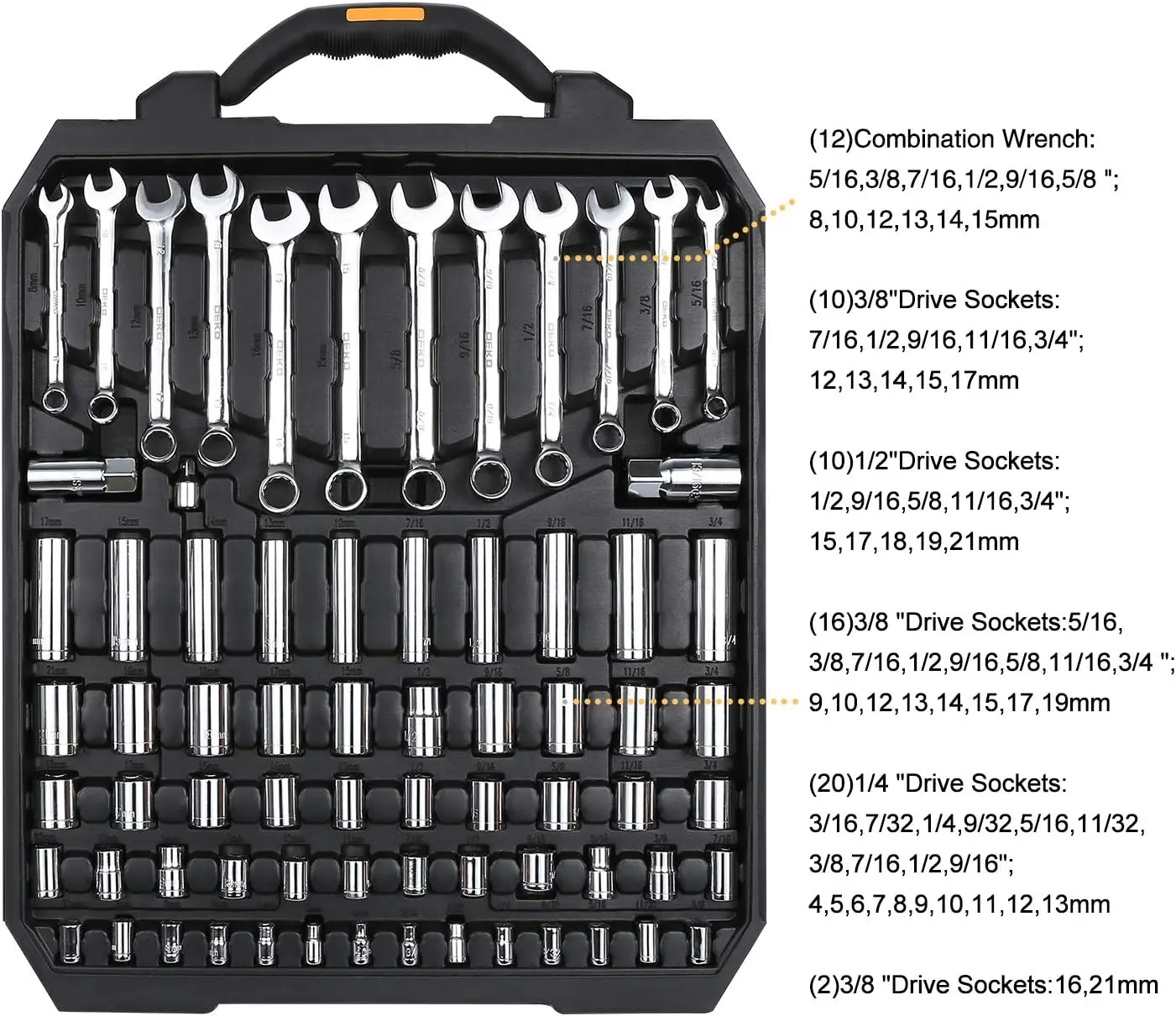 DEKO 192 Piece Mechanics Tool Set Socket Wrench Set, Plastic Storage Case with Auto Repair Hand Tool Kit Wrench Tool Box Set