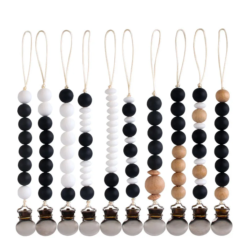 

Handmade Pacifier Clip Dummy Clip Holder Black White Silicone Beads Soother Chains Baby Teething Toy Baby Shower Gift