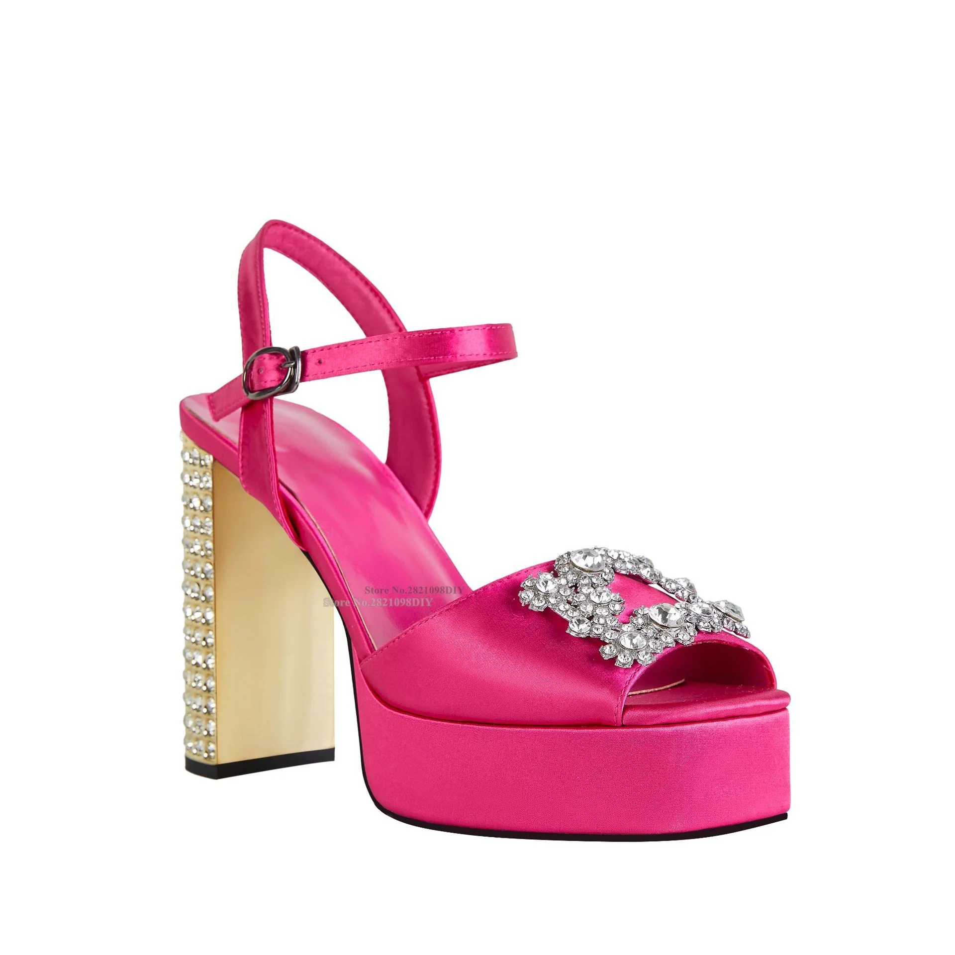 

Candy Color Satin Platform Peep Toe High Heel Sandals with Crystals Ankle Strap Twist Chunky Heeled Jew Women Party Shoes