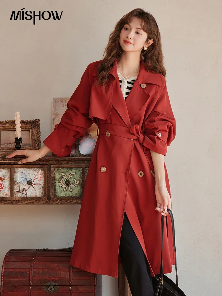 MISHOW Solid Casual Trench Coat Spring Autumn 2023 French Belt Single Breasted Turn-down Collar Back Elasticity Coats MXC41W0028