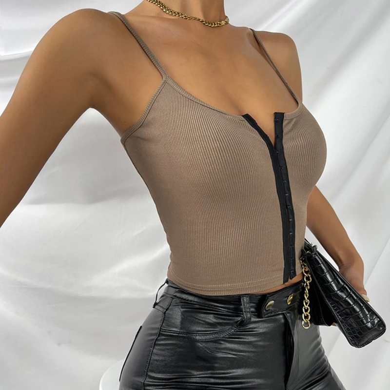 2022 Women Fashion Summer Round Neck Camis Crop Top Ladies Slim Fit Solid Color Front Buckle Vest Tops Streetwear Wo