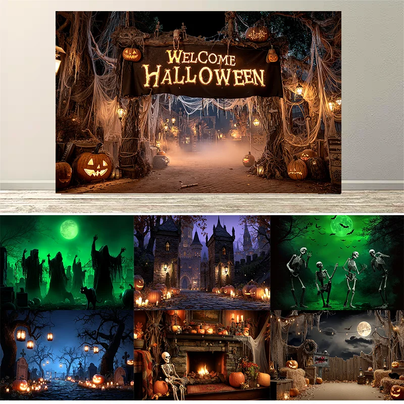 Toile De Fond Photo Halloween Gothique 2.4x1.8 M - Motif Château Effrayant Nuit Citrouille - Pour Studio, Fête, Portrait - 8