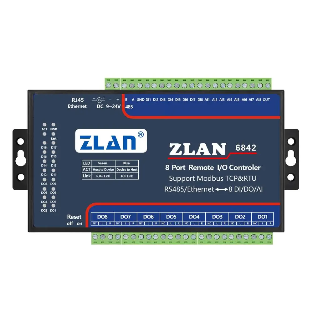 

8 каналов, модуль мод-шины TCP I/ O, Ethernet RJ45, дистанционное управление, коллектор A/D ZLAN6842
