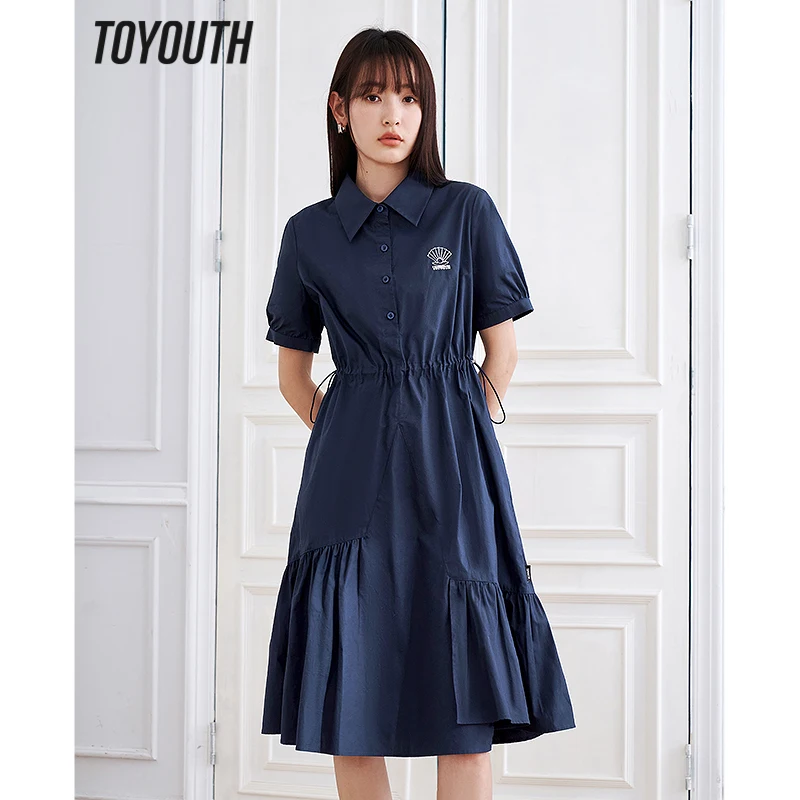 

Toyouth Women Shirt Dress 2023 Summer Short Sleeve Polo Neck A-shape Elastic Waist Irregular Hem Casual Chic Mid-length Skirt