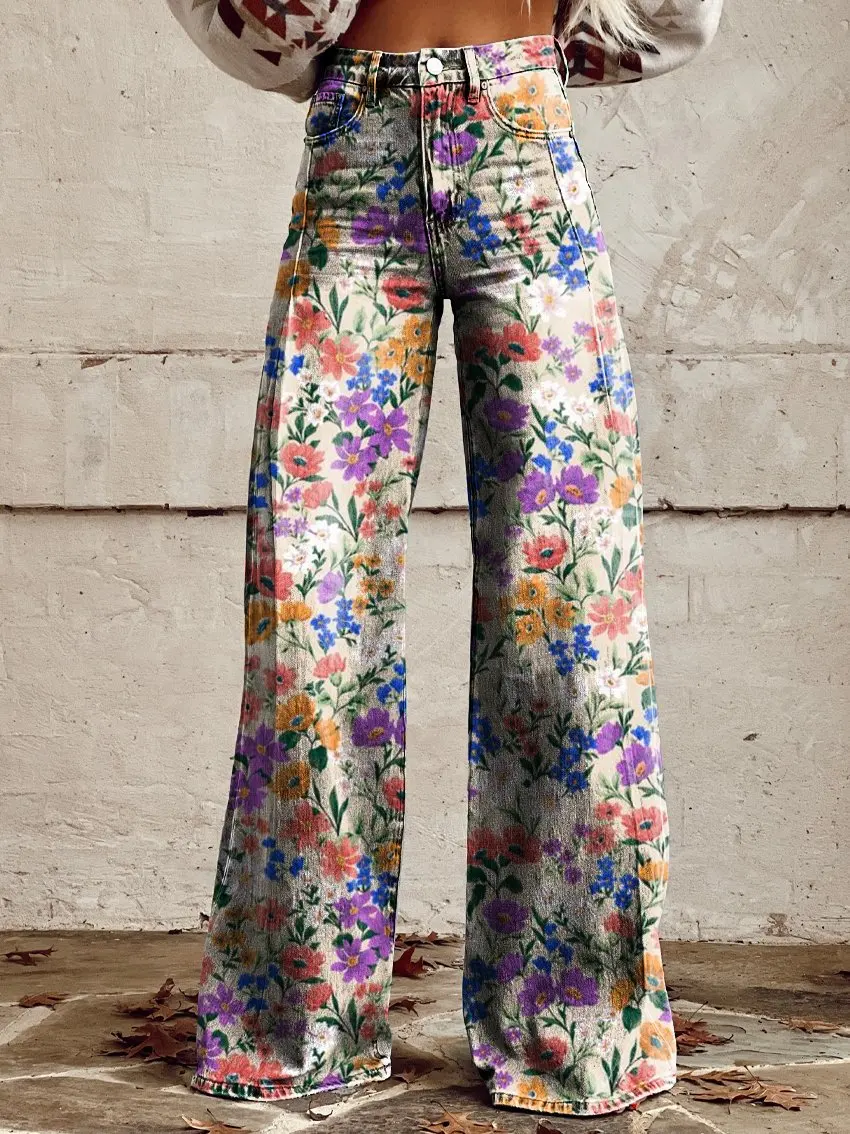 Women's Yellow Retro Anti-denim Wide Leg Pants Casual Fashion Comfortable Long Women's Pants Striped Ladies Wide Leg Pants S-3XL