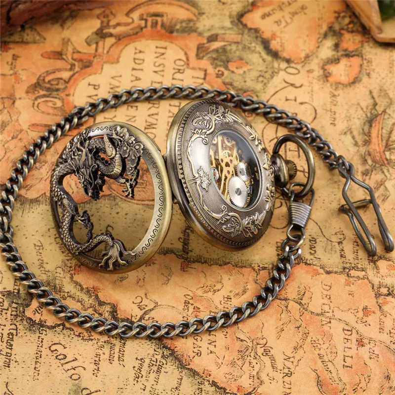 Old Fashion Hollow Out Dragon Half Hunter Clock Hand Wind Mechanical Skeleton Pocket Watch for Men Women Pendant Chain Timepiece