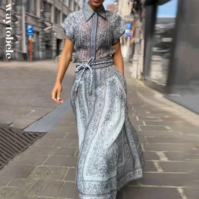 

Комплект из двух предметов Waytobele Женский, элегантный однобортный Свободный Топ на пуговицах, с завязкой на талии и длинная юбка, с лацканами и коротким рукавом