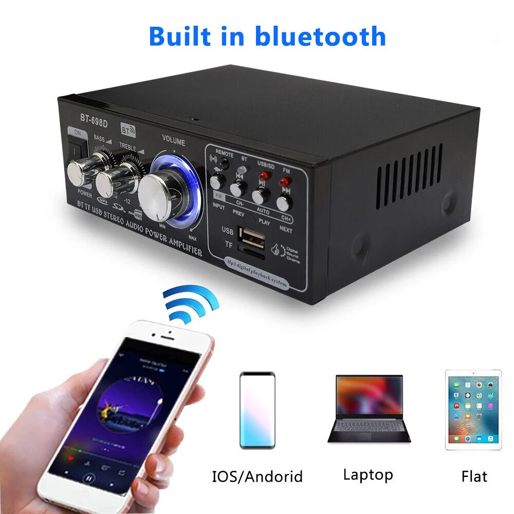 

Car Home Audio Amplifier 2Channel Sound HIFI Stereo Receivers Bluetooth Digital Power Audio Amplifier for Speaker Control FM USB